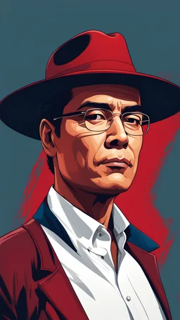 Gustavo Petro, comic style artwork, dark red and blue, wearing a wide-brimmed hat, wearing a white shirt, serious and thoughtful, full body