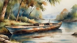 watercolor painting river with old boat