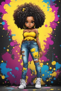 create a colorful abstract graffiti art image 8k of a chibi curvy black female wearing torn jeans pants and a yellow tie dye off the shoulder blouse. Prominent make up with hazel eyes. Highly detailed long tight curly afro in a hair wrap.