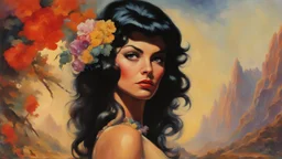 beautiful girl ,mugshot, Planet of the Vulcans, multicolored, large, floral designs, atmospheric, beautiful, oil painting by Frank Frazetta, 4k UHD, Photorealistic, professional quality