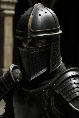 A buff man in black medieval armour and a helmet covering his face