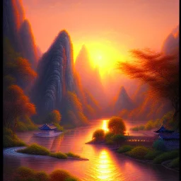 uma paisagem chinesa com rios e arvores, por do sol ao fundo, desenho a lapis, tons pastel