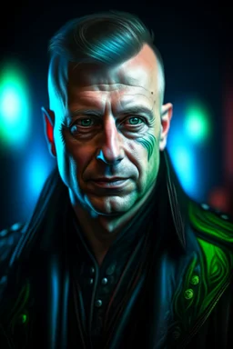 hyper real oil painting of cyberpunk Toreador vampire portrait with clear blue-green eyes in spotlight feeling in control, zeiss prime lens, bokeh like f/0.8, tilt-shift lens 8k, high detail, smooth render, down-light, unreal engine, prize winning