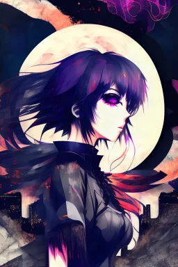 Explosive abstract collage style image of a beautiful anime girl, beautiful hair and features, dramatic, pieces of cloth material, textured moon in background, bob wire, gothic surroundings, textures