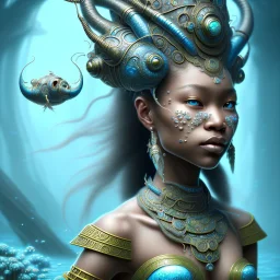 Sango fantasy, fantasy magic, intricate, sharp focus, illustration, highly detailed, digital painting, concept art, matte, art germ and Paul Lewin and Kehinde Wiley, masterpiece Aztec princess dancer head bronze eel' Asian African girl nice breast Thai hair turquoise silver blue under water