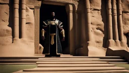 black king stands in front of huge door in mountain