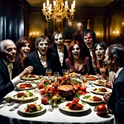 Photograph of a happy year-end dinner of a clique of zombie creatures in Dario Argento style, photorealism