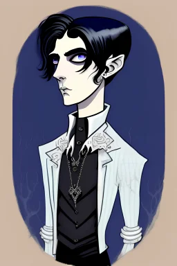 black haired blue eyed young man necromancer wizard with gothic jewelry in the style of charles addams