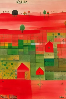 A red farmland with bio life painted by Paul Klee
