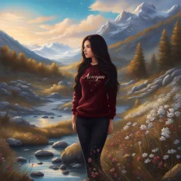 country side ,blue sky , snow on mountains, pretty clouds ,small rocky river with clear water small rocks in floor,wild flowers,beautiful Snow White, long shiny black curvy hair, wearing a burgundy sweater with the word Azerbeyjan written on it, in gold, work clothes, standing, super realistic Fairy lights, intricate detail, texture, depth, vividness, movement, namex, energy, bioluminescence, stunning, epic, ultra-detailed, 8K photography by Miki Asai Macro, close-up, extremely detailed, po