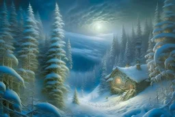 realistic winter landscape with elements of fractal painting, mighty firs, pines, everything is harmonious and beautiful, frost glitters in the air, super detail, clear quality, winter transparency of icy air, high resolution, microdetalization, Josephine Wall. Thomas Kinkade. Jacek Yerka. Android Jones
