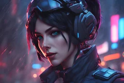 Widowmaker in 8k anime cgi artstyle, cyberpunk them, neon effect, close picture, rain, apocalypse, intricate details, highly detailed, high details, detailed portrait, masterpiece,ultra detailed, ultra quality