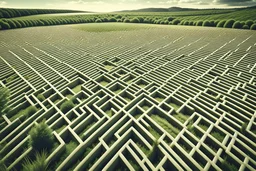 man lost in a maze made out of bureaucratic documents. London and the green bountiful hills of England are at the end of the maze, very distant and far away.
