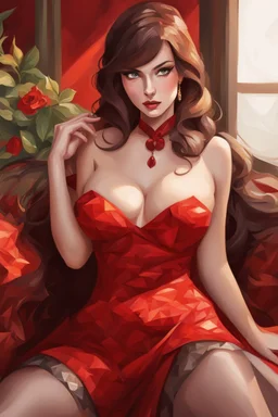 A stunning, seductive woman in a fiery red dress, casting a shy glance over her shoulder. cartoon style, cubism style