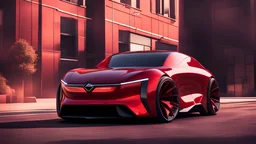 electric concept car, red candy paint, shining, on street, tooned style, big engine, big wheels, racing mode, darknight background. 3/4 view, high resolution picture.