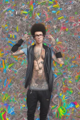 Rapper with glasses on, tattoos and piercings, afro hair and baggy pants. Graffiti wall in background