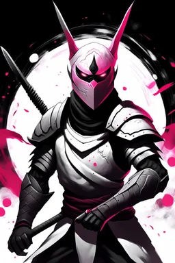 The character, depicted in a striking white armour against a dark wintry backdrop with accents of pink, stands prominently within the scene, accompanied by a red and black circular symbol of significance, a black pointed spear with a red handle. His eyes are showing a dynamic yet menacing expression and he wears a black oni mask with white teeth covering the bottom part of his mouth he has brown shoulder pads and a white karate belt with a bag attached to it. He has dark brown hair and is asian.