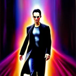 Ultra detailed fullbody Portrait in oil on canvas of Neo(the matrix) ,extremely detailed digital painting, extremely detailed face, crystal clear eyes, mystical colors ,perfectly centered image, perfect composition, rim light, beautiful lighting,masterpiece ,16k, stunning scene, raytracing, anatomically correct, in the style of Simon Bisley and uncannyknack and caravaggio and Seung Eun Kim and Steve Jung Jeehyung Lee.