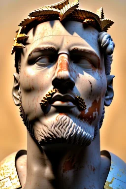 Ultra Realistic image, Roman sculpture, white marble material, Lionel Messi, gold laurel leaves crown, god crown, gold veins, gold ornaments, Renaissance style, sun rays background, waist up portrait, epic, celestial, cinematic lighting, God lights, 4k resolution, smooth details, soft lighting, unreal engine 5, art station, substance 3d.