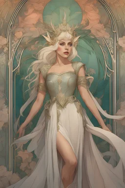 art by Alfons Mucha, Lady Gaga as an elf princess in an elven kingdom, HD 4K