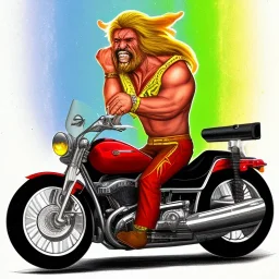 Hulk hogan riding a motorcycle across a rainbow