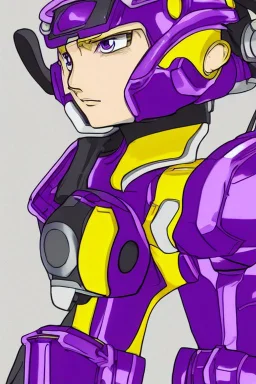 A Genderless Cyborg made of metal, has a human like face with a long violet ponytail, the cybord is wearing armor similar to Megaman Omega. The color palatte of the armour is deep purple and yellow.