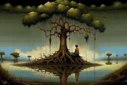 was listening to rain, I was thinkiтg about you..... Reflections with lonely big magical and surreal tree in the style of art from Duy Huyn Esao Andrews Catrin Welz-Stein