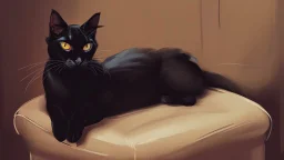 A black cat sitting on a chair in a room.