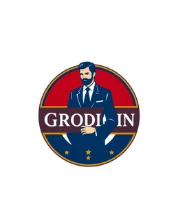 A circular logo with a vector of a groom in a suit at the top of the logo in a blue, red, white and gold color theme.