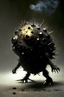 Solid spherical creature, four black eyes, very small mouth, lighting body, The creature is iron, without dots, wearing worrier shoes, smoke from the head, high details, stunning realistic photograph