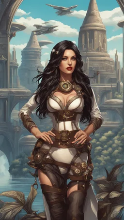 exotic sci-fi steampunk pin-up girl, with long dark hair and wings, on an alien planet with cloud trees, tall spires, buildings, bridges, arches