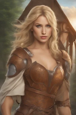 A beautiful woman with blond hair. Brown leather armor.