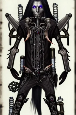 portrait of a dark dark male elf, with long white hair, haunting eyes, and wearing a steampunk exoskeleton powered by gears, in high fantasy style