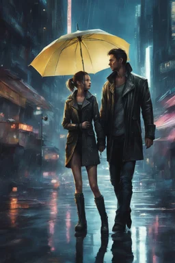 Science fiction, cyberpunk, city street, couple girl and guy, together, love at first sight, rain, no umbrella