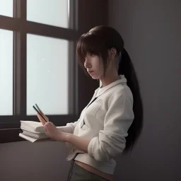 female student studying by the window, anime style, full body, cool face, unreal engine 5, cinema4d, sun light, studio lighting --ar 1:1 --v 4