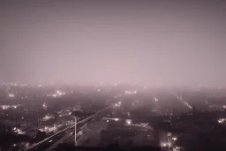 Burning zeppelin, dark cityscape, glowing streetlights, light fog