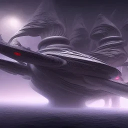 biomorphic alien ship with lighting, panoramic, colours, 3D-rendering, foto-realistic,TG, 8k, art by HR Giger.