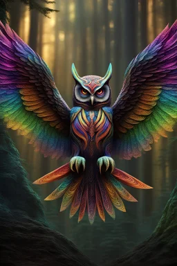 3d rainbow flying owl, mystical, full image, with vivid detailed amazing eyes, brighr fractal colors, hyperdetailed, h.r. giger, egyptian, fantasy, Metaphorical Realism, electric feathered effect Abstract line art, deep cut 3D effect, in an enchanted forest