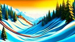 Fantasy cartoon style: view down the ski slope from the top of the hill