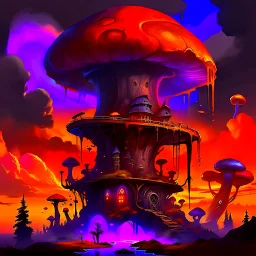 A fantabulous black, orange, and indigo(((mushroom tower house))) erected atop a (geologic pillar), surrounded by the uncanny imaginative ((( swirling skies))), offset by the stark hues of a (neon-tinged nebulous space scape), within. captured by the hand a skilled master painter with a focus on (softly blurred compositions and voluminous lighting).