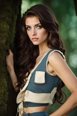 pretty18 year old girl with long wavy chocolate brown side swept hair. Blue eyes. wearing a vest. dark romantic