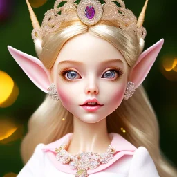 close up on elf as dollie deluxe, bright eyes, post card, toy train, two big front teeth, skin imperfection, worn skin, white teeth, princess tiara