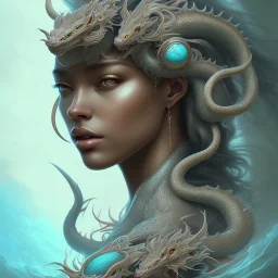 sango fantasy, fantasy magic, intricate, sharp focus, illustration, highly detailed, digital painting, concept art, matte, artgerm and paul lewin and kehinde wiley, masterpiece silver dragon head brown Asain African nice breast Afo woman turquoise waves