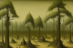 An olive green forest with tribal huts painted by Caspar David Friedrich