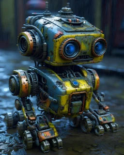 very cute little robot sitting on the ground a little rusty and a little damaged left abandoned in a street in rainy weather, very beautiful colors, hyper detailed, hyper realistic, natural lighting, octane rendering, trending on artstation, sharp focus, studio photo, intricate details, highly detailed, by greg rutkowski