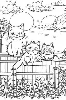 coloring page for kids, Cats on a fence, cartoon style, thick lines, low detail, no shading