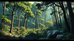 prehistoric green forest full of Lepidodendron Carboniferous Plants and fossils, by Chesley Bonestell, paleontology, paleo art, movie poster, happy colors,