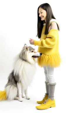 Giant white dog in a feather dress, next to a girl in a yellow sweater, a gray skirt, white stockings and black shoes, both facing the front in the photo. white background, 16K, real photography, portrait.