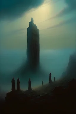 A silent monolith descending from the sky,pointing down at ancient ruins,flock of robed cultists praying,deep shadows, cinematic lighting,in the style of Zvidslav Beksinski, ominous fog in distance