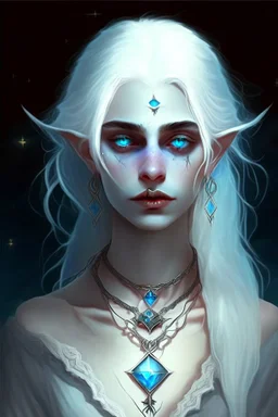 hauntingly beautiful character for dnd, young woman with white hair and blue eyes, angel, with moon necklace, vampire